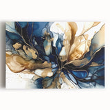 Stretched canvas wall art featuring vibrant abstract florals in shades of blue, pink, and gold, perfect for modern home decor and artistic ambiance. Ideal for living rooms, bedrooms, or offices.