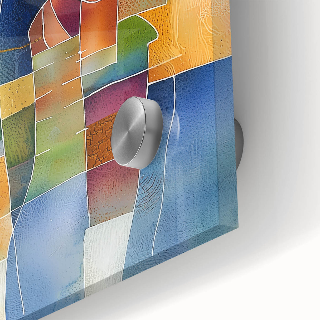 Close-up view of a vibrant abstract geometric acrylic glass artwork showcasing bold colors and intricate shapes, perfect for contemporary home decor.
