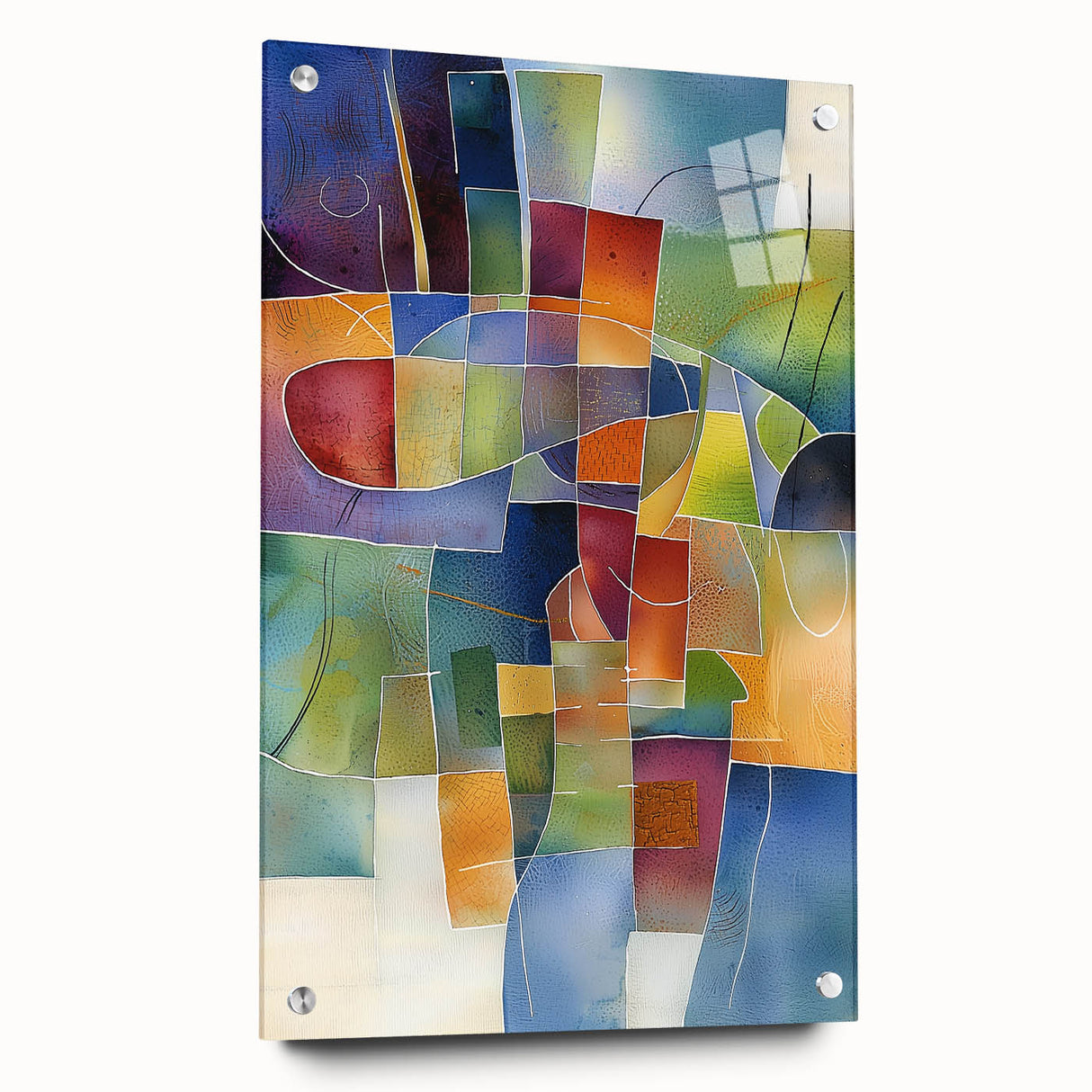 Abstract geometric acrylic glass artwork displaying a vibrant color palette, viewed from the side, accentuated by stylish mounting pins for modern decor.