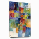 Abstract geometric acrylic glass artwork displaying a vibrant color palette, viewed from the side, accentuated by stylish mounting pins for modern decor.