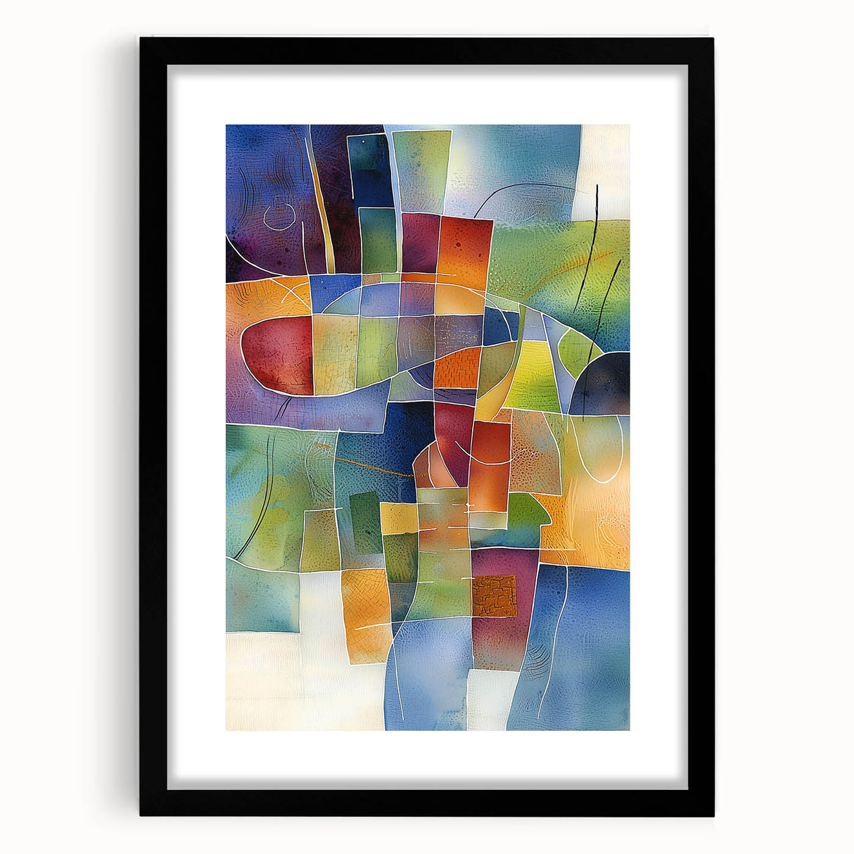 Black geometric frame with a mat, showcasing an abstract design, front view, perfect for modern decor. Ideal for enhancing contemporary home aesthetics.