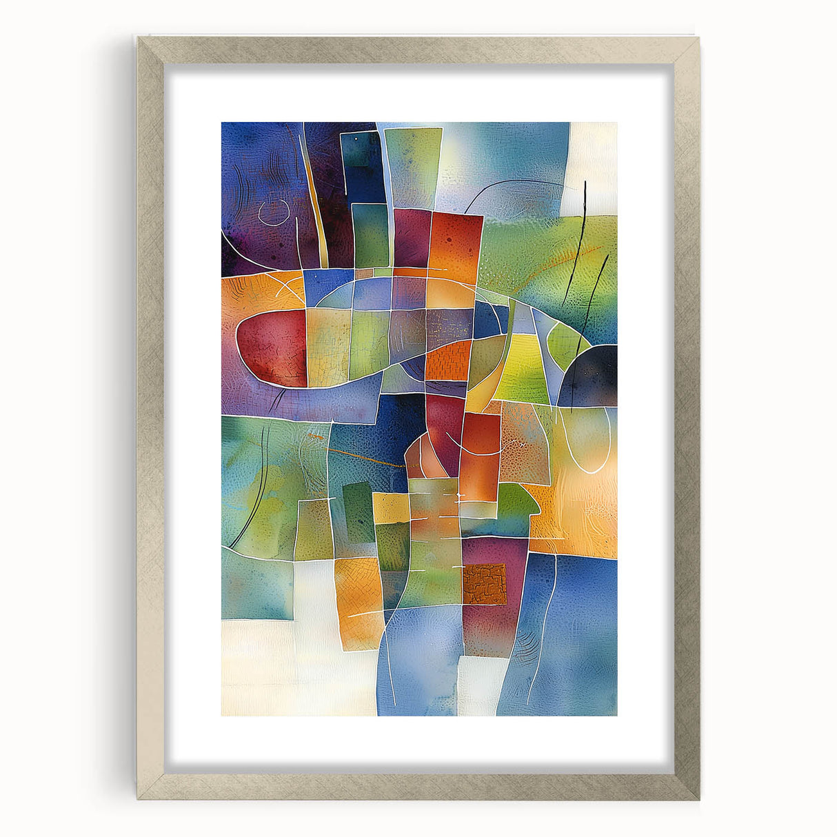 Abstract geometric frame in silver with a matte finish, showcasing a modern artistic design. Perfect for contemporary home decor or office spaces, highlighting elegance and sophistication.
