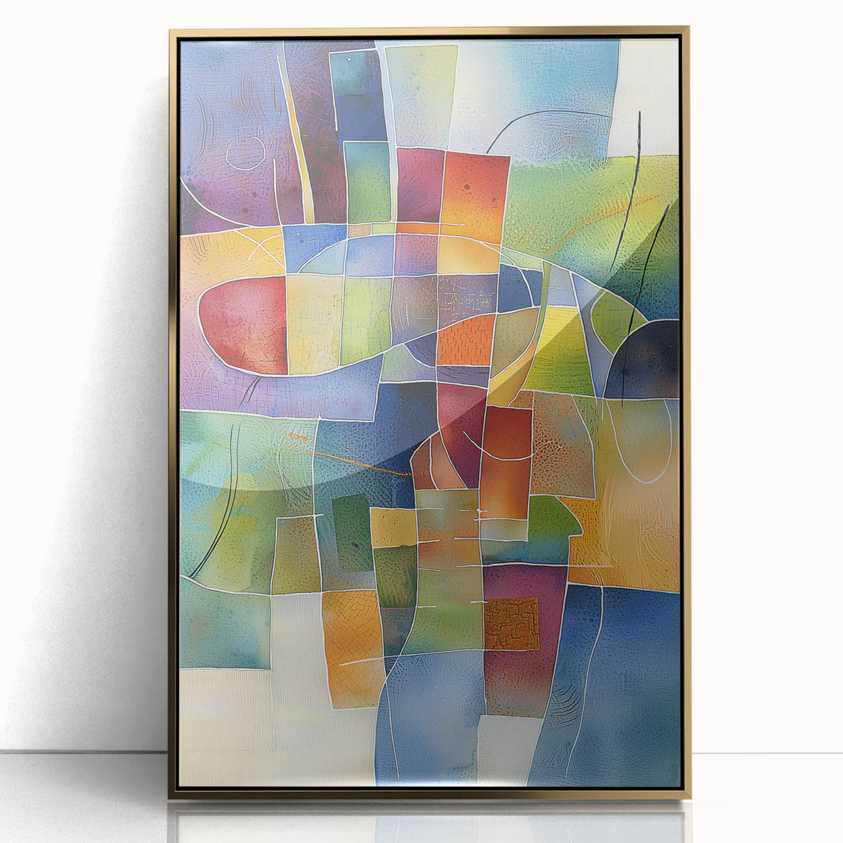 Abstract geometric framed acrylic artwork in gold, showcasing intricate shapes and patterns against a neutral background, ideal for modern home decor.