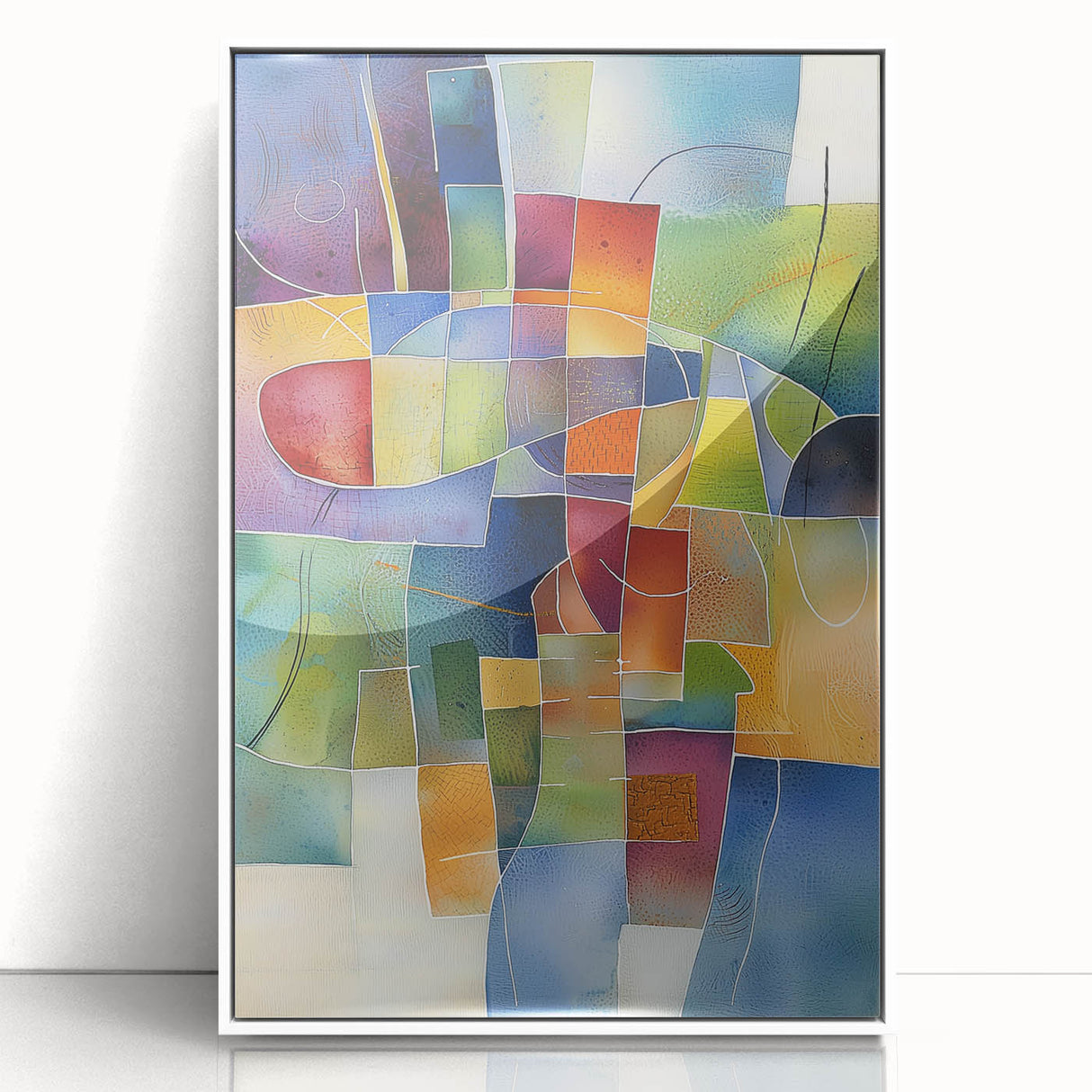 Abstract geometric framed acrylic art piece in white, showcasing a modern design with sharp angles and vibrant colors, perfect for contemporary home decor.