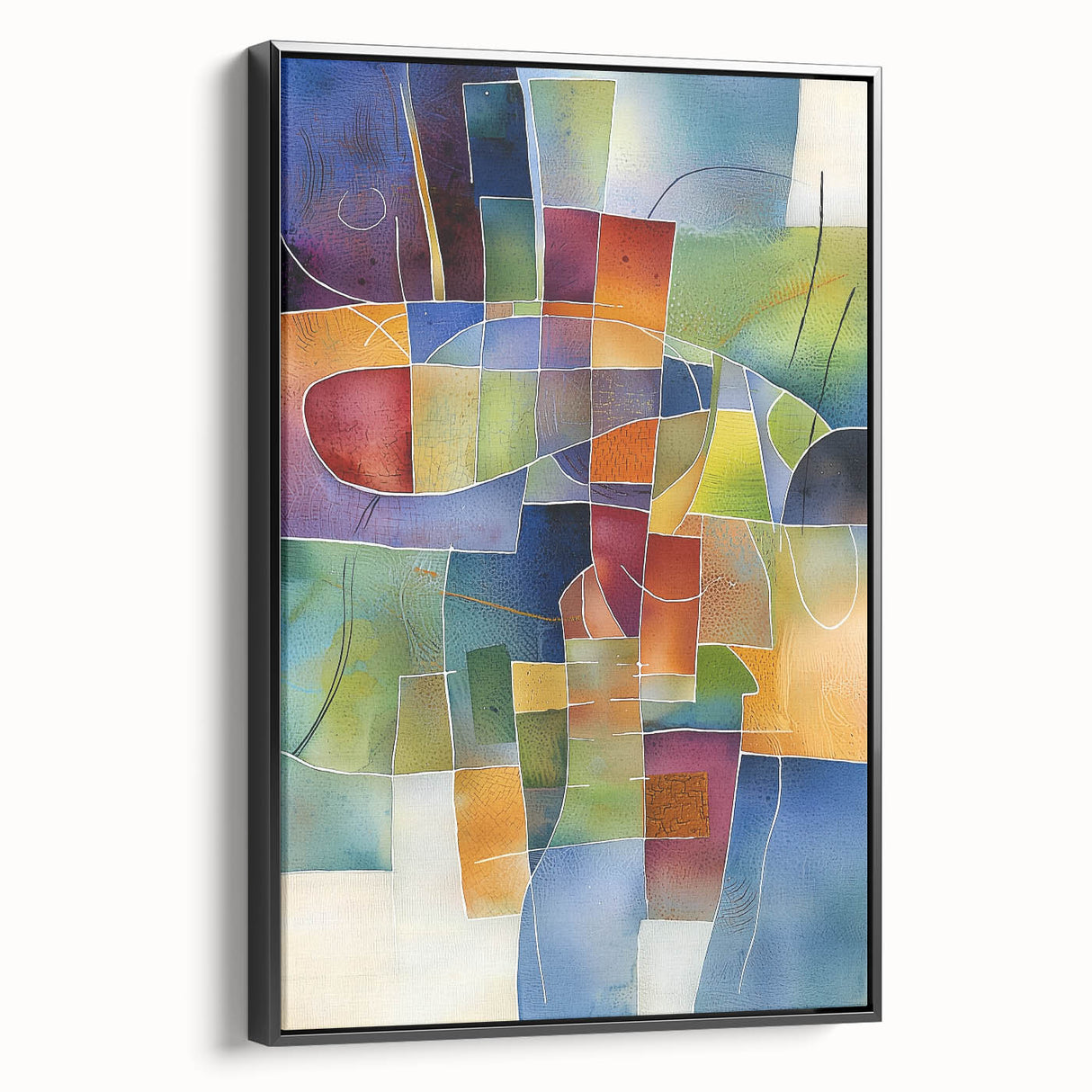 Abstract geometric framed canvas artwork showcasing a striking black design, viewed from the side, highlighting its sleek modern aesthetic and premium frame quality. Perfect for contemporary home decor and art enthusiasts seeking unique wall accents.