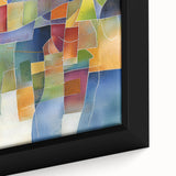 Close-up of an abstract geometric framed canvas featuring vibrant colors and intricate patterns, ideal for modern home decor or art enthusiasts.