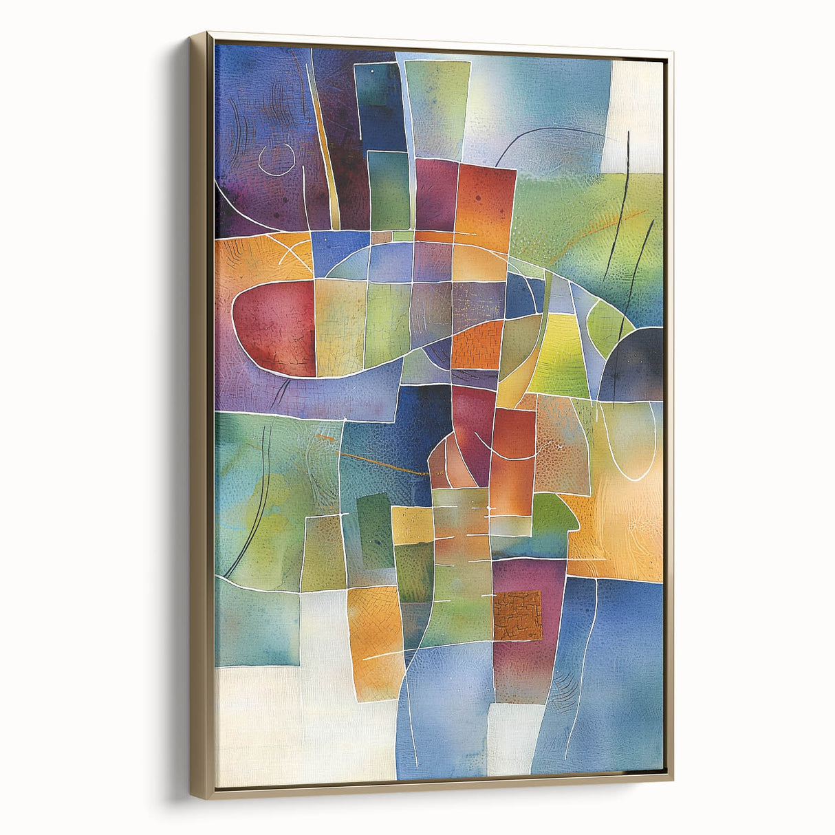 Abstract geometric framed canvas artwork showcasing a gold color scheme, displayed in a stylish side view, perfect for modern home decor enhancement. Ideal for adding sophistication to living spaces or office interiors.