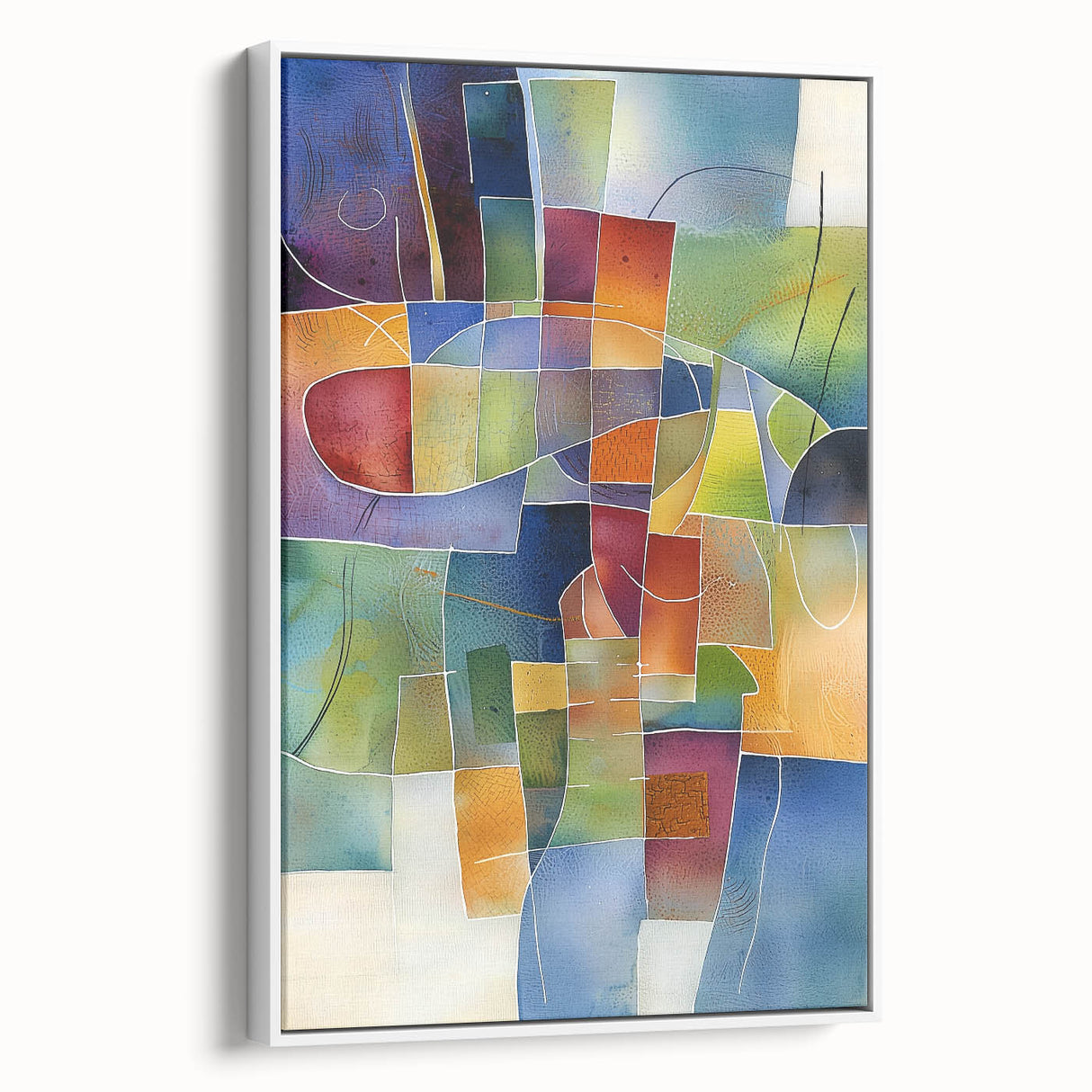 Framed abstract geometric canvas artwork showcasing a modern design with white tones, displayed in a side view, perfect for contemporary home decor.
