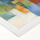 Abstract geometric rolled canvas artwork showcasing vibrant blue, orange, and yellow shapes, perfect for modern decor, elegantly packaged in a protective cardboard tube.