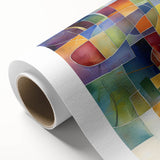 Abstract geometric rolled canvas artwork showcasing vibrant colors and intricate patterns, ideal for modern home decor, elegantly packaged in a protective tube.