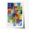 Abstract geometric rolled print showcasing vibrant colors and intricate patterns, elegantly packaged in a protective cardboard tube for easy display and storage.