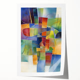 Abstract geometric rolled print showcasing vibrant colors and intricate patterns, elegantly packaged in a protective cardboard tube for easy display and storage.