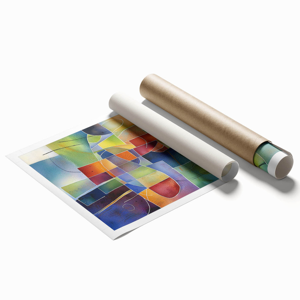 Abstract geometric rolled print showcasing vibrant colors and intricate patterns, elegantly packaged in a durable cardboard tube, perfect for modern home decor.