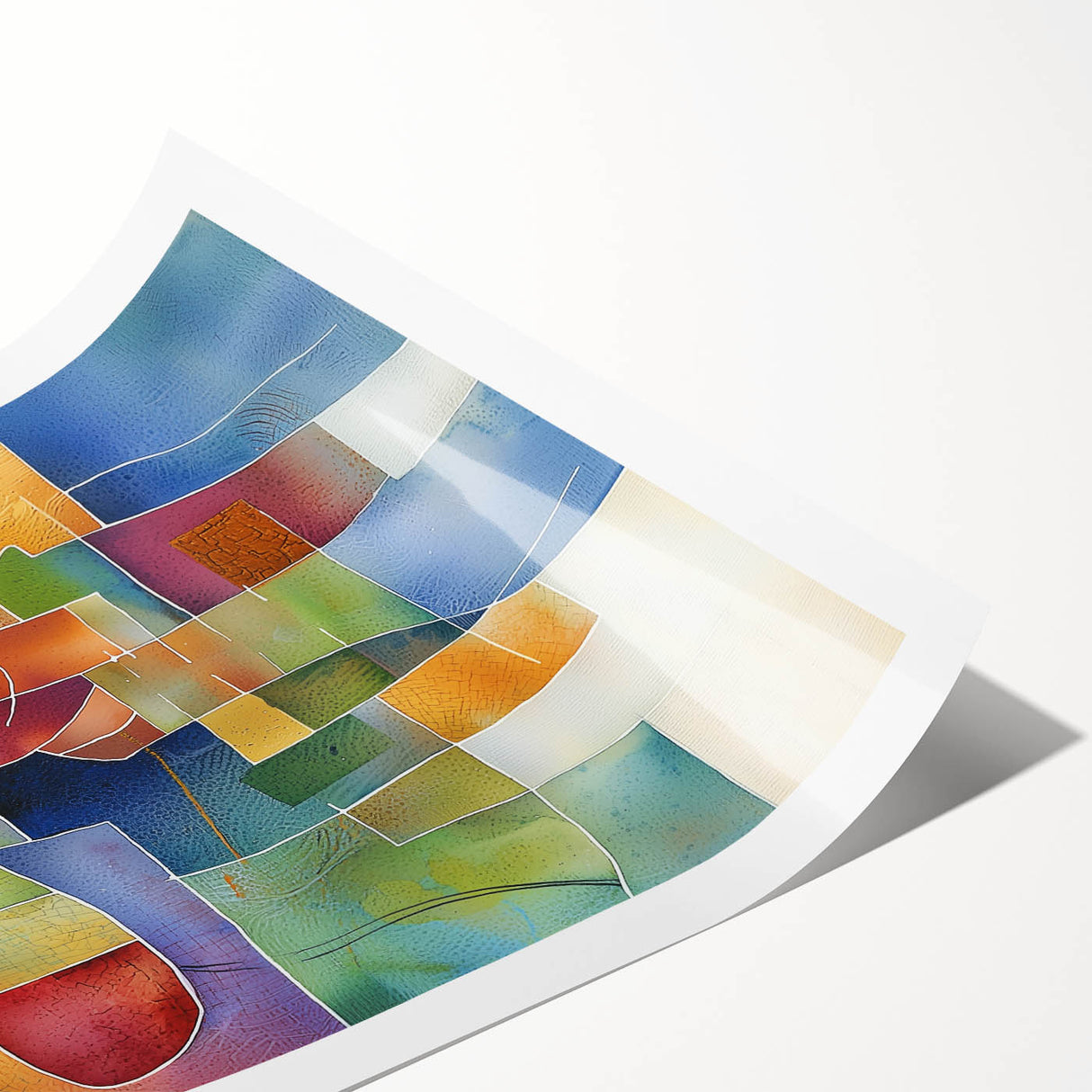 Abstract geometric rolled print showcasing vibrant colors and intricate patterns, elegantly packaged in a protective cardboard tube, ideal for modern home decor.