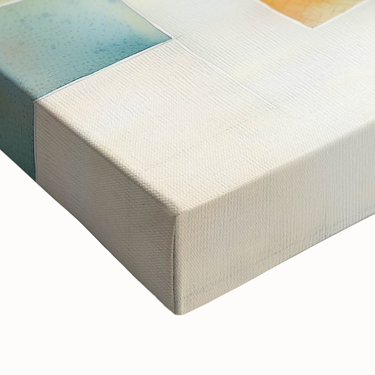 Close-up of an abstract geometric stretched canvas artwork, showcasing vibrant colors and dynamic shapes, perfect for modern home decor or artistic interiors.