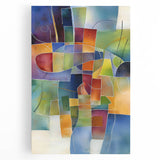 Abstract geometric stretched canvas artwork in vibrant colors, featuring dynamic shapes and patterns, perfect for modern decor and artistic expressions.