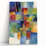 Abstract geometric canvas art featuring vibrant colors and intricate shapes, leaning against a wall, perfect for modern home decor or office spaces.