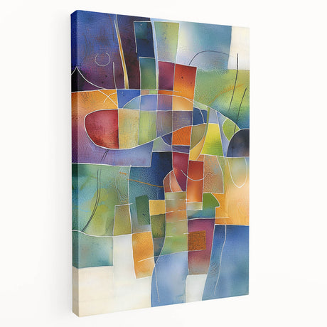 Abstract geometric stretched canvas artwork displaying vibrant colors and dynamic shapes, ideal for modern home decor. Side view highlights its sleek edges and artistic design, perfect for enhancing interior aesthetics.