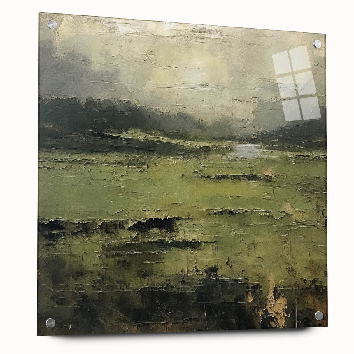 Abstract landscape wall art design displayed in acrylic glass, showcasing vibrant colors and intricate textures, complemented by decorative pins for enhanced presentation.