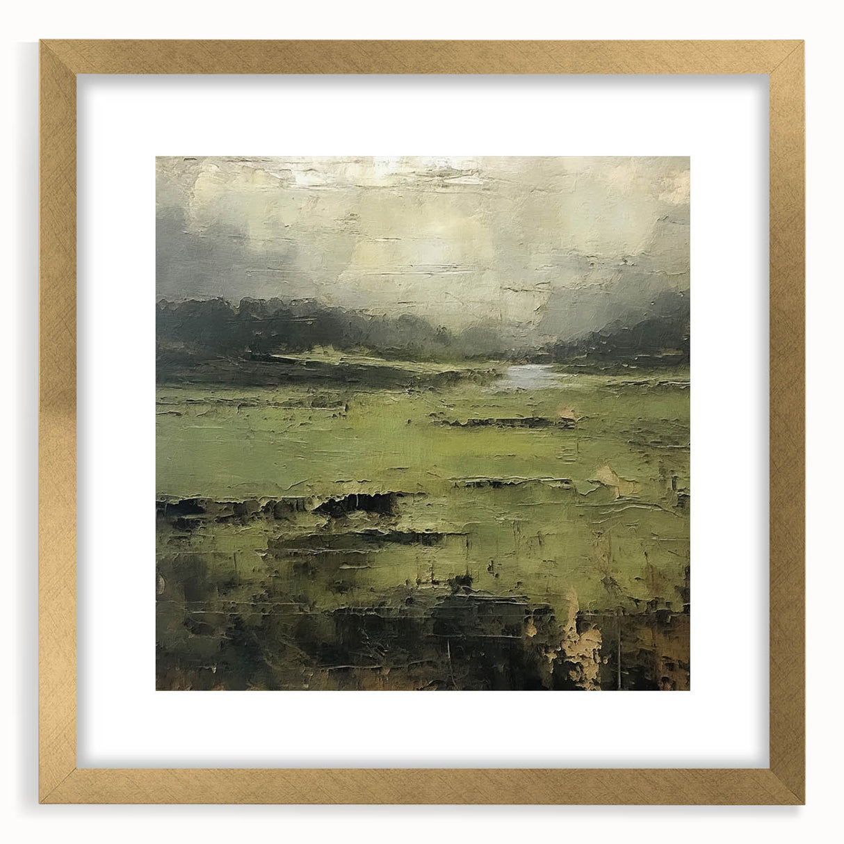 Abstract landscape wall art framed in gold with a white mat, showcasing vibrant colors and a modern design suitable for contemporary decor. Perfect for enhancing living spaces.