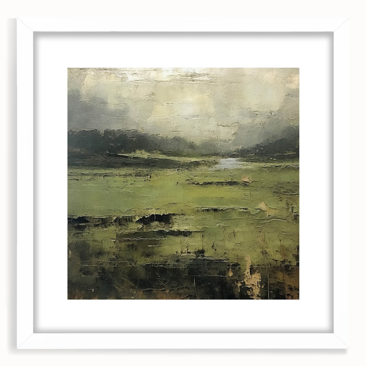Abstract landscape wall art framed in white with a mat, showcasing vibrant colors and textures, perfect for modern home decor and artistic ambiance.