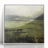 Framed abstract landscape wall art featuring vibrant colors and geometric shapes, displayed in a sleek white frame, perfect for modern home decor.