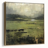 Abstract landscape wall art featuring a blend of silver and gold hues, elegantly framed, perfect for modern home decor. The piece showcases fluid shapes and a serene aesthetic, ideal for adding a touch of sophistication to any interior space.