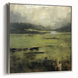 Framed abstract landscape wall art showcasing a serene silver-toned design, ideal for modern decor. The canvas art adds elegance to any room setting.