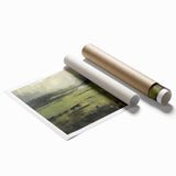 Abstract wall art print showcasing vibrant landscapes with swirling colors in blue, green, and orange, rolled up for easy transport and display. Ideal for modern home decor.