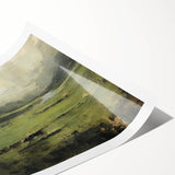 Abstract landscape wall art print showcasing vibrant colors and fluid shapes, featuring a blend of blues, greens, and earth tones, ideal for modern decor.