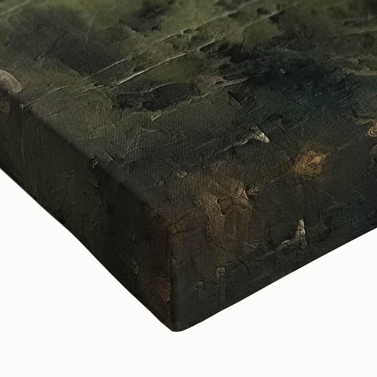 Abstract landscape wall art on stretched canvas, showcasing vibrant colors and intricate textures, perfect for modern home decor. The close-up reveals fine details and brush strokes, emphasizing the artistic craftsmanship. Ideal for enhancing living spaces or as a unique gift.