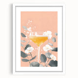 Abstract art print featuring swirling patterns in neutral beige tones, framed with a white mat, ideal for dining room decor.