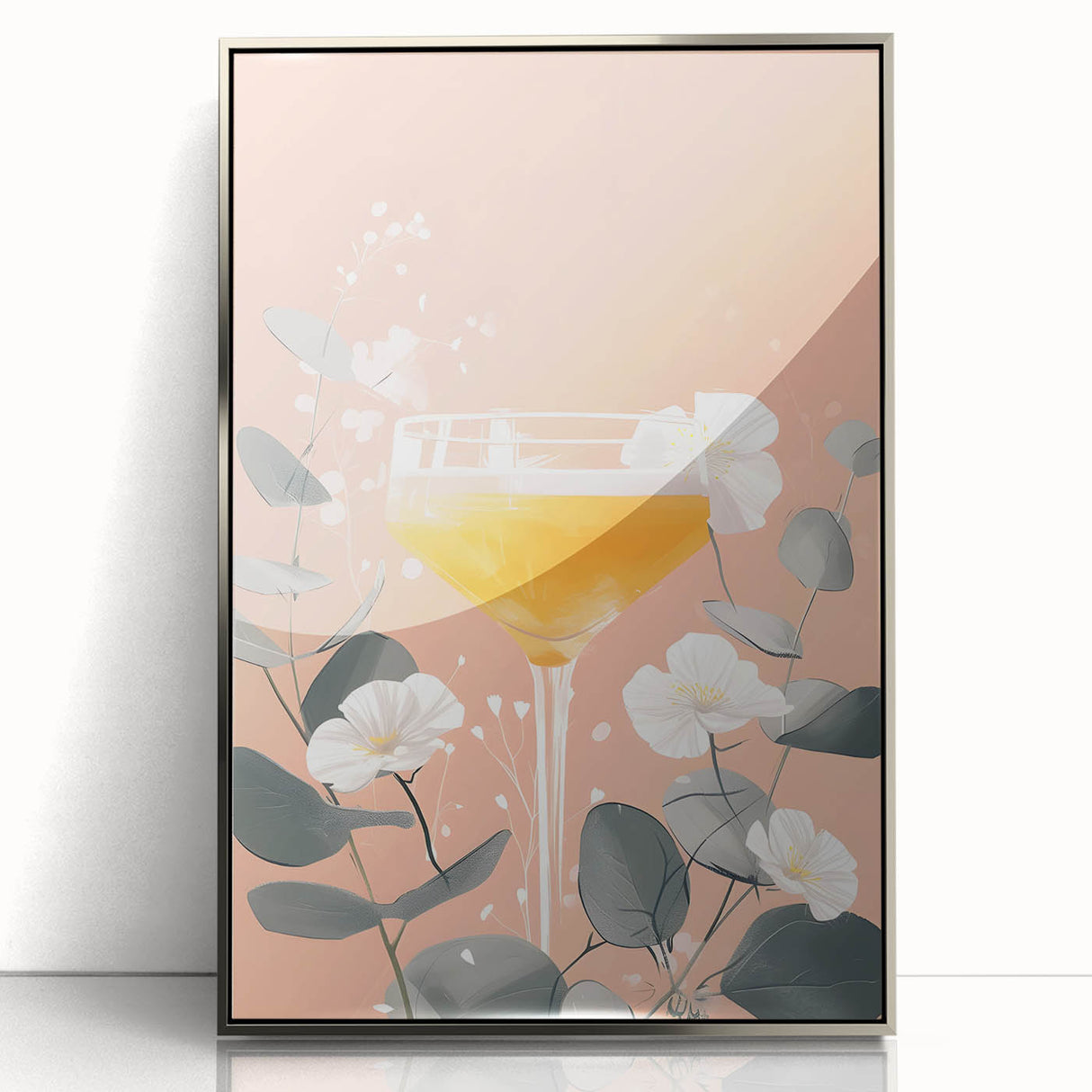 Mid-century modernist art featuring assorted beverages in bold colors on a silver-framed acrylic.