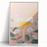 Mid-century modernist art featuring a stylized food and drinks motif in vibrant colors on a white acrylic framed poster;…
