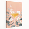 Large art depicting colorful fruits and beverages on a stretched canvas, ideal for kitchen wall decor.