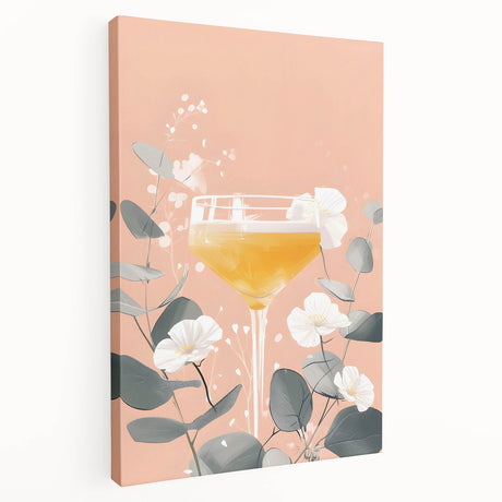 Large art depicting colorful fruits and beverages on a stretched canvas, ideal for kitchen wall decor.