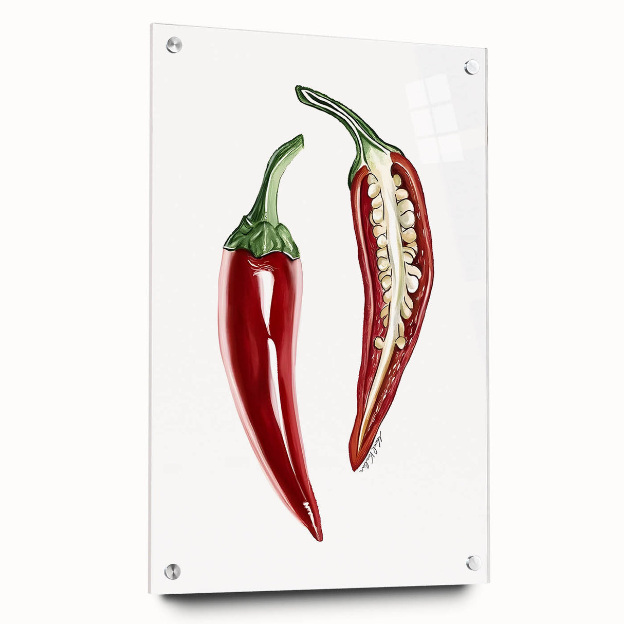 Large abstract wall art featuring an assortment of fruits in vibrant colors on acrylic glass, ideal for dining room decor.