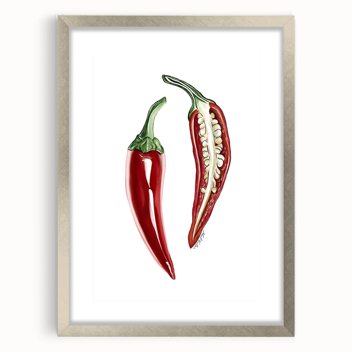 Textured art print of abstract fruits in muted earth tones, framed in silver, ideal for bedroom wall decor.