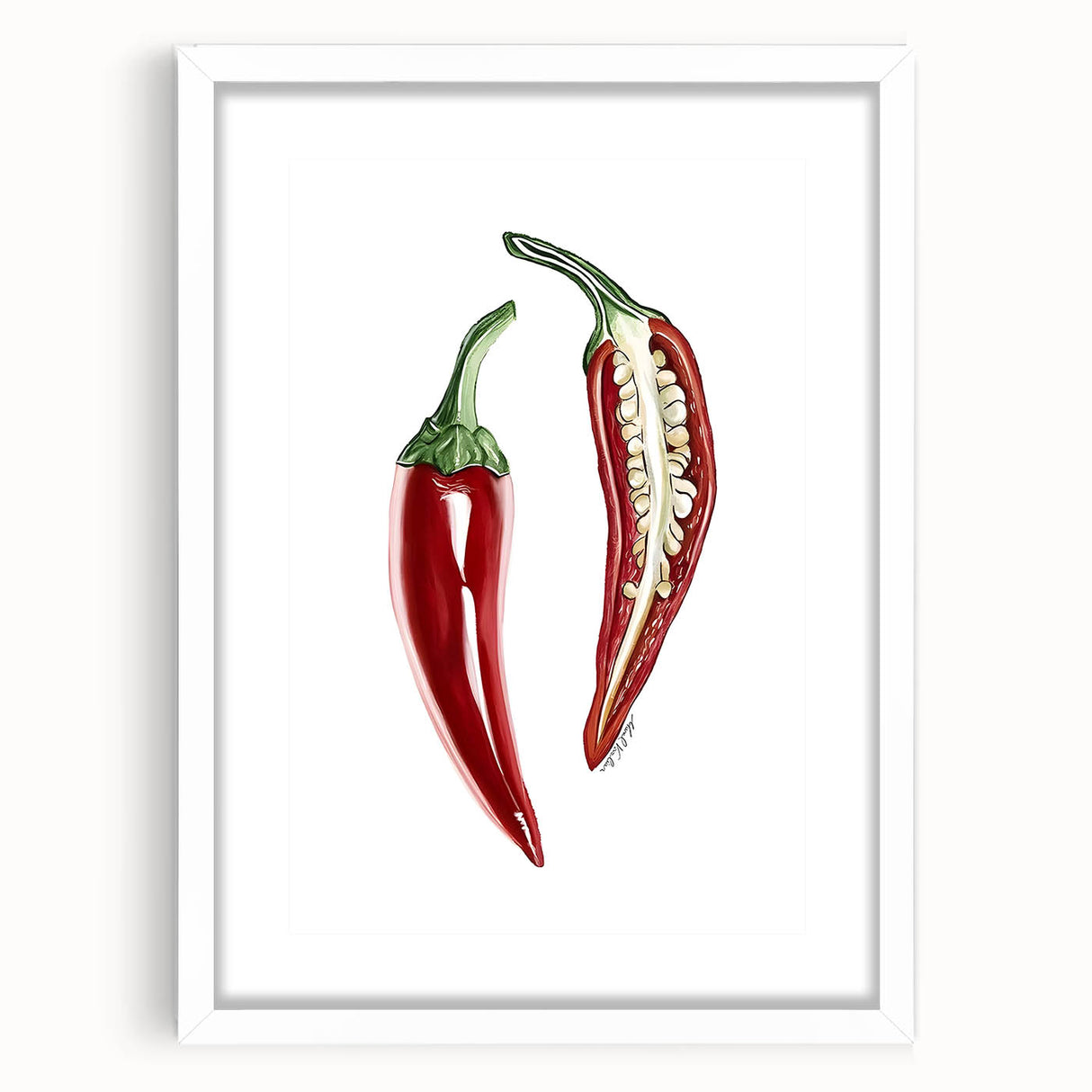 Abstract art print featuring assorted fruits in vibrant colors on a white framed mat, ideal for dining room decor.