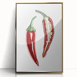 Large art print featuring an array of fruits in a mid-century modernist style with vibrant colors, framed in gold acrylic.