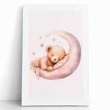 Sleeping Teddy on Moon Print - Nursery Wall Art for Kids