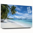 Acrylic landscape artwork depicting a serene beach scene, displayed in a glass frame with decorative pins, ideal for coastal home decor. The vibrant colors and detailed textures evoke a tranquil atmosphere, enhancing any living space.
