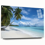Acrylic landscape artwork depicting a serene beach scene, displayed in a glass frame with decorative pins, ideal for coastal home decor. The vibrant colors and detailed textures evoke a tranquil atmosphere, enhancing any living space.