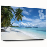 Landscape acrylic glass artwork showcasing a serene beach scene with vibrant colors and fine details, viewed from the side without pins, perfect for modern decor. Ideal for adding a coastal touch to your home or office.