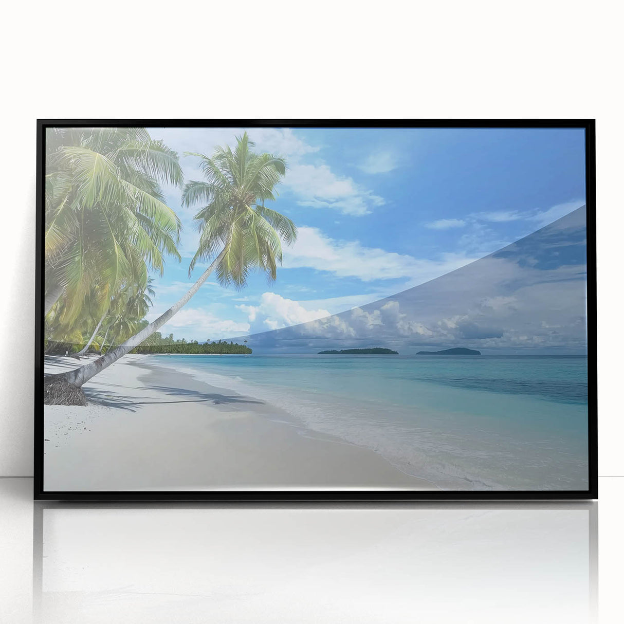 Framed acrylic artwork depicting a serene beach landscape with vibrant colors, set in a sleek black frame, perfect for enhancing home decor.