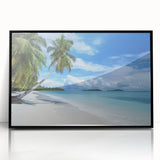 Framed acrylic artwork depicting a serene beach landscape with vibrant colors, set in a sleek black frame, perfect for enhancing home decor.