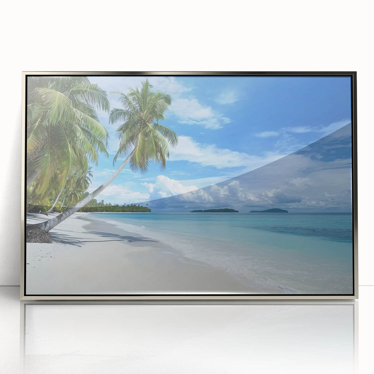 Framed acrylic artwork showcasing a serene beach landscape with vibrant colors, ideal for enhancing coastal-themed decor in living spaces or offices.