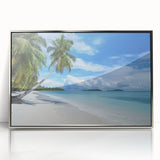 Framed acrylic artwork showcasing a serene beach landscape with vibrant colors, ideal for enhancing coastal-themed decor in living spaces or offices.