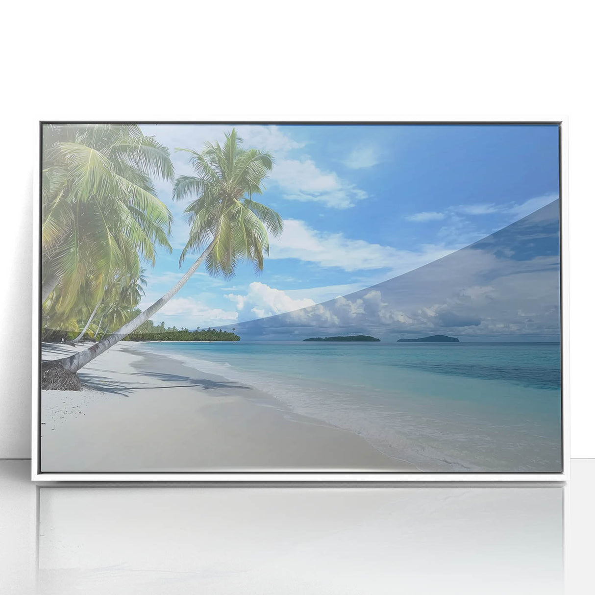 Framed acrylic artwork depicting a serene beach landscape, featuring vibrant colors and soft waves, elegantly presented in a sleek white frame. Perfect for coastal decor enthusiasts.