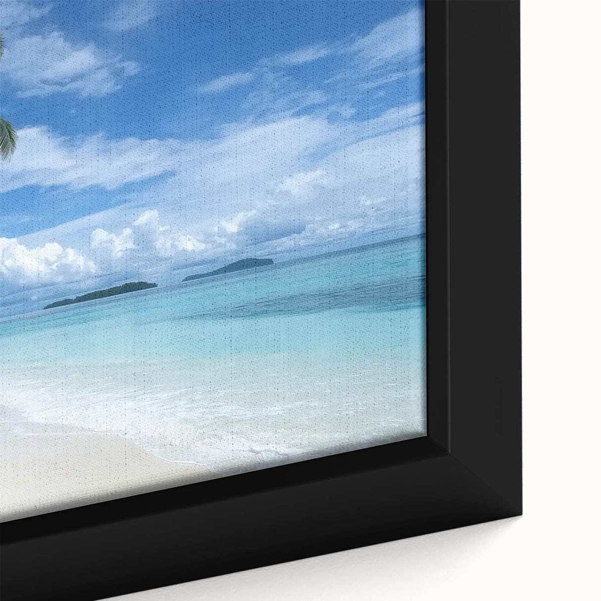 Framed canvas artwork showcasing a vibrant beach landscape, highlighting soft waves and a colorful sky at sunset, perfect for coastal decor enthusiasts.